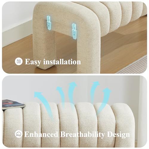 JIRAIN Beige Upholstered Bedroom Bench 63'' with Solid Wood Legs - Modern Linen Entryway & Living Room Seat