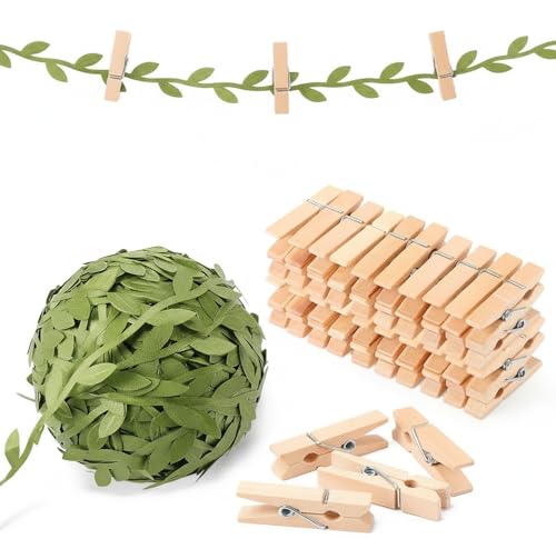 50 Mini Wooden Clothespins with 33ft Leaf Ribbon for Photo Hanging Display