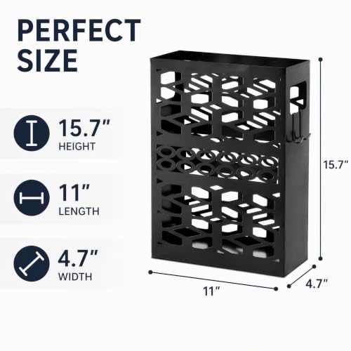 Rectangle Metal Umbrella Stand with 2 Hooks, Rust-Resistant Entryway Holder