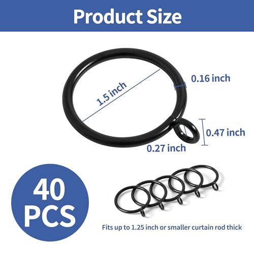 40-Piece Black Curtain Rings for 1.25-Inch Rods, Durable Metal Hanging Rings