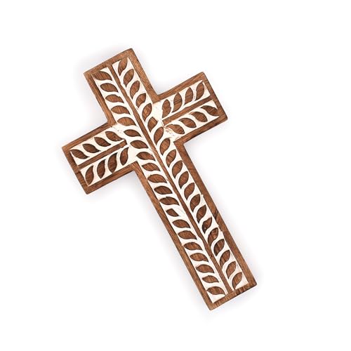 Handcrafted Mango Wood Catholic Wall Cross with Floral Carvings, 10-inch
