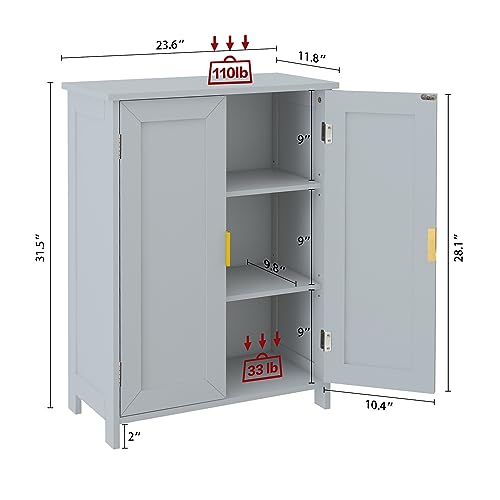 Grey Freestanding Bathroom Storage Cabinet with 2 Doors and Adjustable Shelves