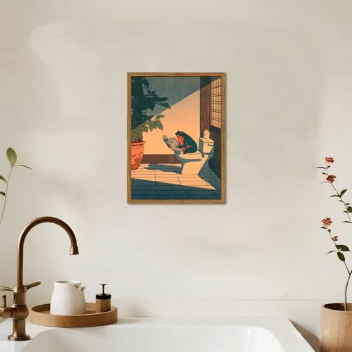 Funny Frog Bathroom Wall Art - Japanese Frog on Toilet Framed Canvas 12x16