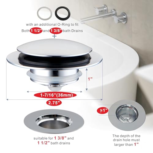 Universal Pop Up Bathtub Drain Stopper, Chrome Solid Brass Bath Drain