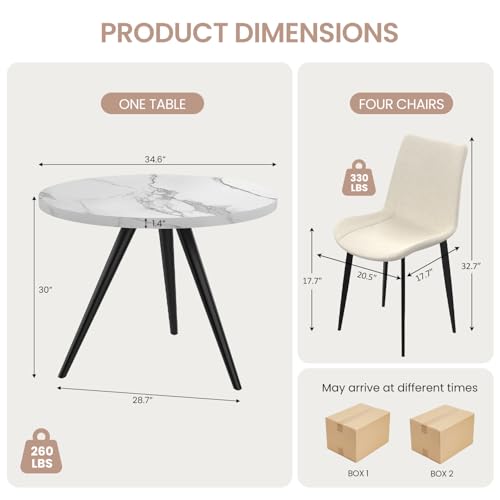 34.6-Inch Round Dining Table Set for 4, Marble-Look Table with 4 Chairs