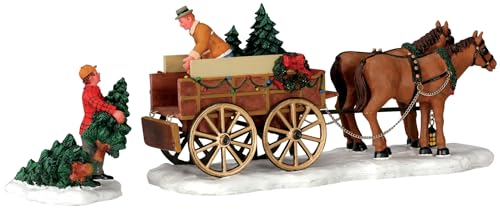 Christmas Village Tree Wagon Figurine Set of 2 - Polyresin Table Accent