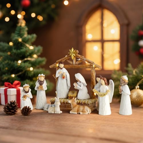 12-Piece Lighted Nativity Scene Set, Hand-Painted Resin Christmas Table Decor