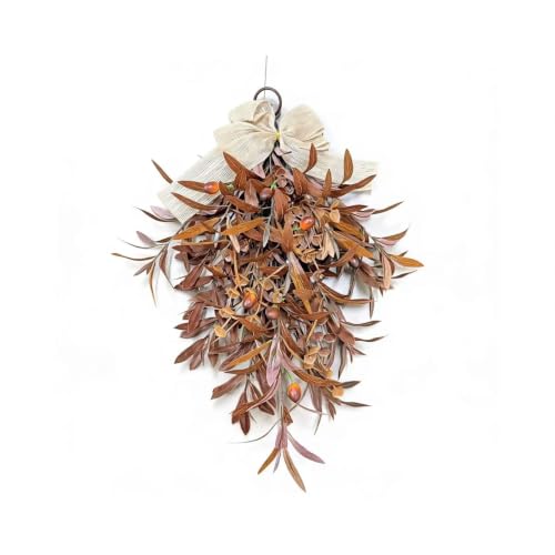24 Inch Artificial Fall Olive Swag Teardrop Wreath with Bow for Front Door