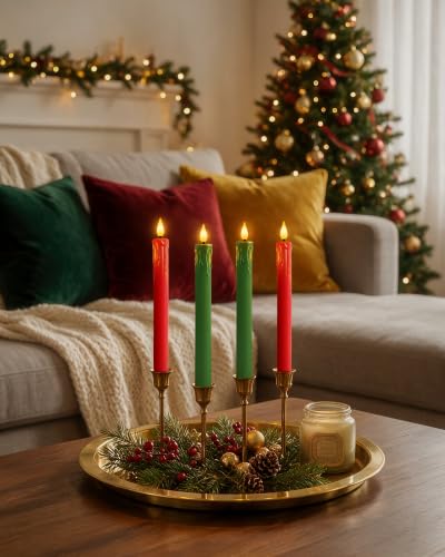 Homemory Real Wax 9.6 In Flameless Taper Candles, Red & Green with Remote Timer (Drip Taper), 6 Pack