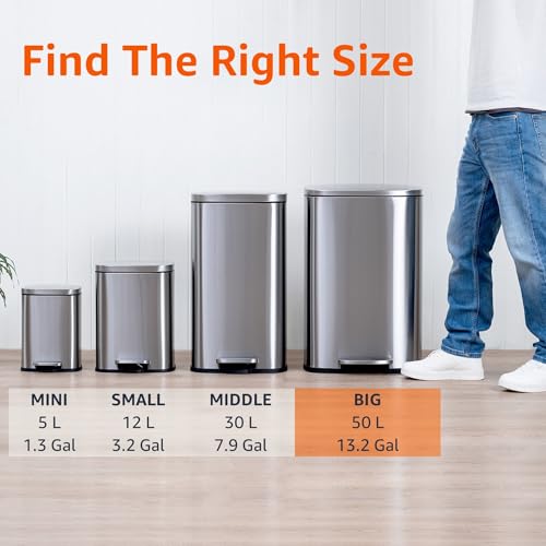 Large Stainless Steel Trash Can, 13.2 Gallon Rectangular Step Bin with Soft-Close Lid