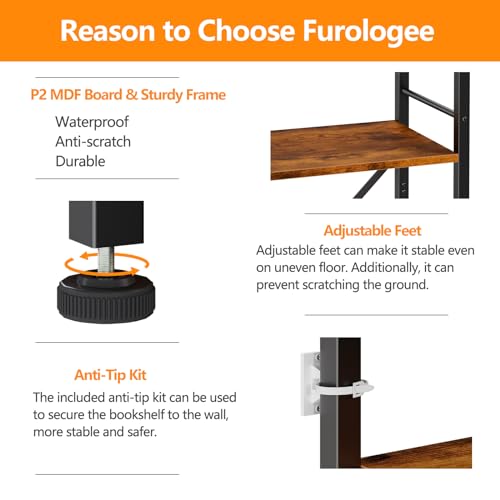 6-Tier Tall Narrow Bookshelf, Rustic Industrial Display Storage Shelf
