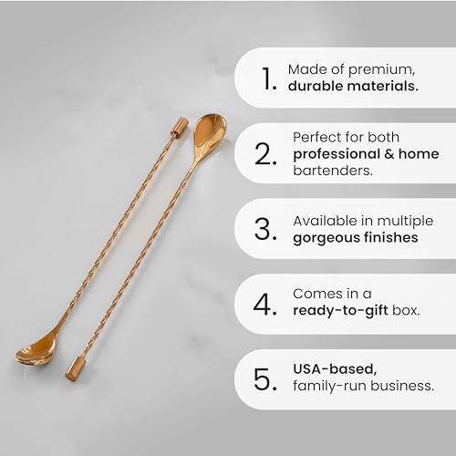 A Bar Above Antique Copper Spiral & Smooth Handle Bar Spoon Set – 2 Stainless Steel Cocktail Stirring Spoons