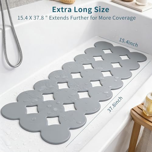 Extra Long Non-Slip Rubber Bath Mat, 15.4" x 37.8" with Strong Suction Cups
