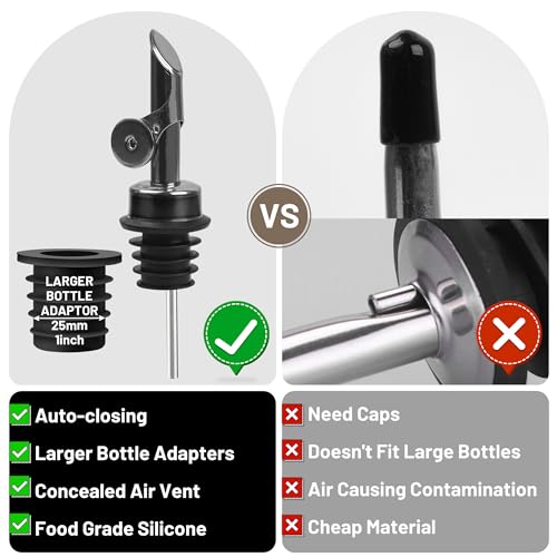 USEAMIE 2-Pack Liquor & Oil Pour Spouts with Adapters - Auto-Open/Close, Hygienic & Fast Pouring