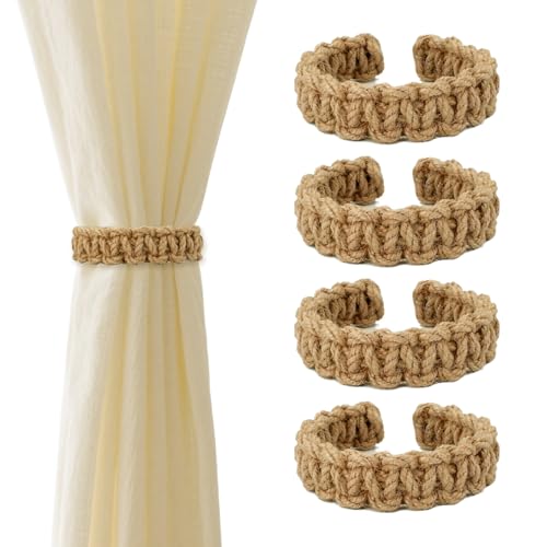 Braided Rope Curtain Tiebacks - 4 Pack, Flexible Boho Farmhouse Holdbacks