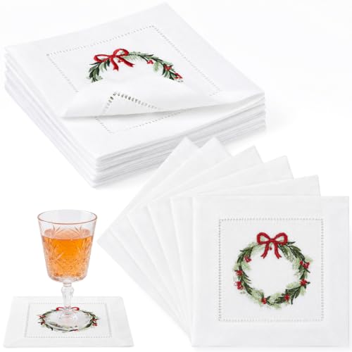 12 Pcs Linen Cocktail Napkins with Hemstitch Christmas Wreath Design - Holiday Table Decor