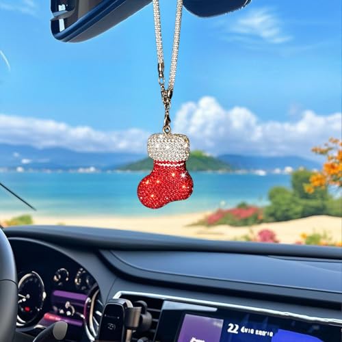 Christmas Sock Car Pendant with Crystal Rhinestones – Violetfox Xmas Tree Decor for Rear View Mirror