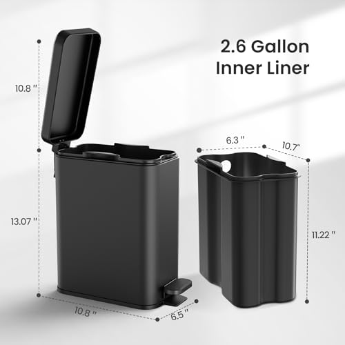 Small Bathroom Trash Can with Lid, 2.6 Gallon Stainless Steel Step Garbage