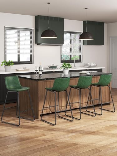 26-Inch Counter Height Bar Stools, Set of 3, Green Faux Leather with Backrest