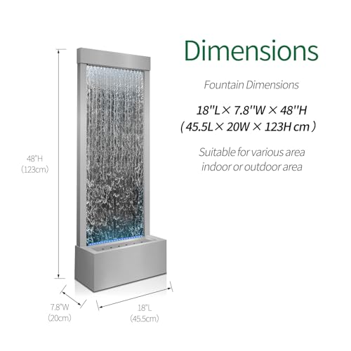48-inch Stainless Steel Mirror Waterfall Fountain with 7-Color LED Lights