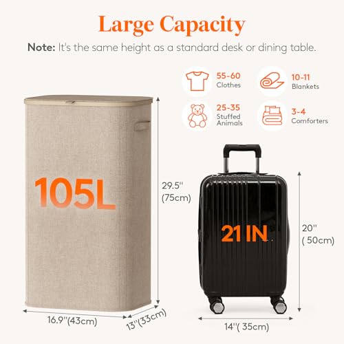 105L Large Laundry Hamper with Lid, Foldable Dirty Clothes Basket
