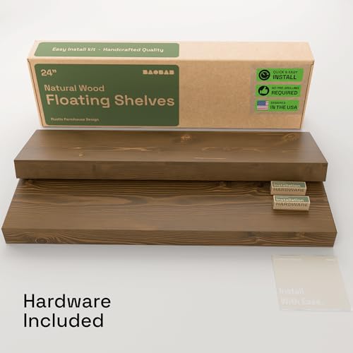 24-Inch Solid Wood Floating Shelves - Set of 2, Rustic Walnut Wall Shelves
