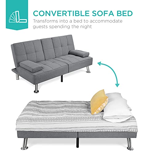 Modern Linen Convertible Sofa Bed with Cupholders and Removable Armrests