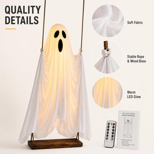 5 FT Lighted Hanging Halloween Ghost Decor with Remote & Detachable Hat