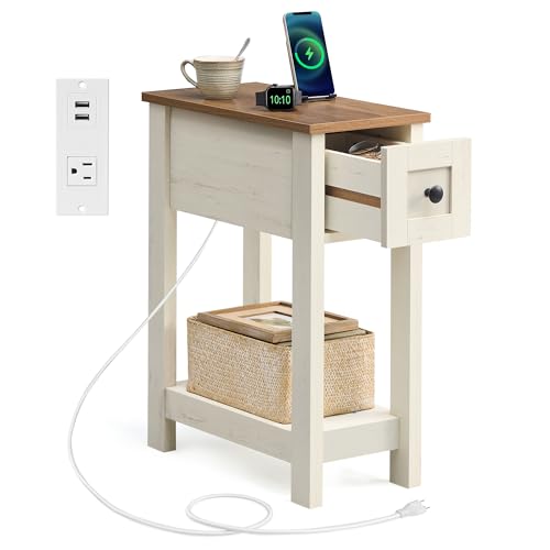 Farmhouse Narrow End Table with Charging Station and Storage Drawer