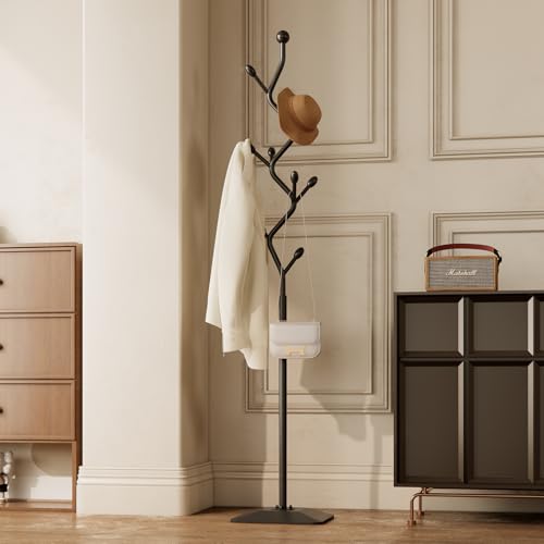 Tree-Shaped Metal Coat Rack with 8 Hooks and Weighted Cast Iron Base
