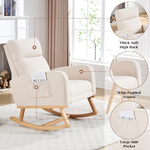 Nursery Rocking Chair with Retractable Footrest and High Backrest, Beige