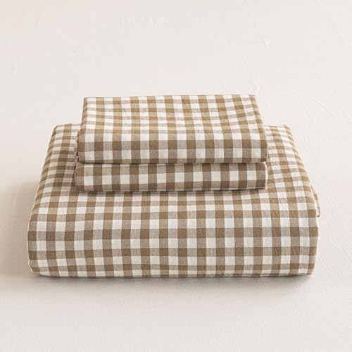Tan Gingham Duvet Cover Set Queen - 100% Washed Cotton Brown Plaid