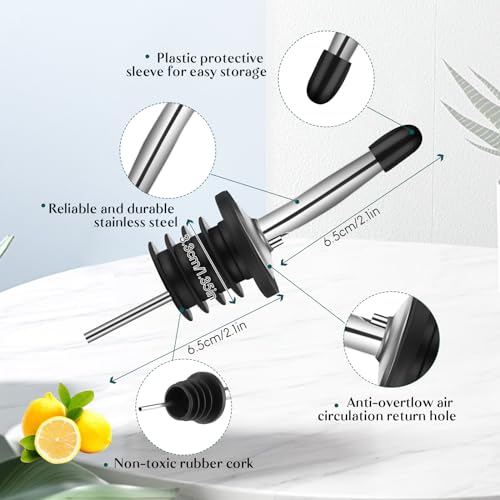 Maxcheck 6 Sets 16 oz Plastic Liquor Bottles with Stainless Steel Pourers - Long Neck Bar Supplies