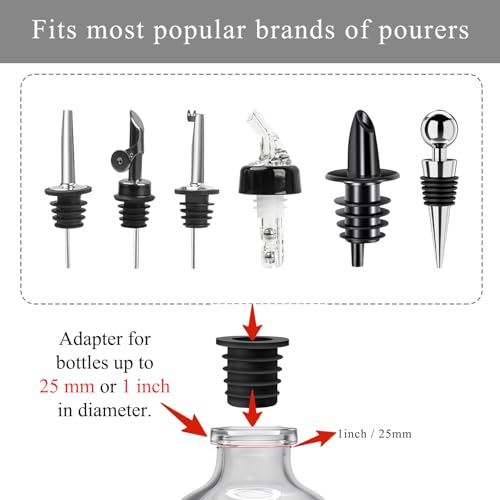 KIBARTOL 12 Silver Flip Top Liquor Bottle Pourers with Adapters for Large & Small Bottles