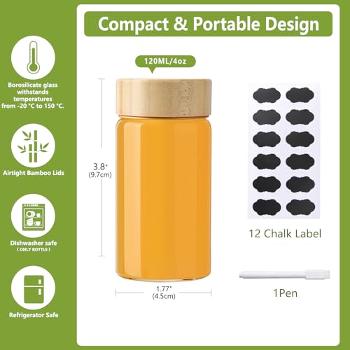 BPFY 4oz Glass Shot Bottles with Bamboo Lids, Reusable Juice & Wellness Jar Set