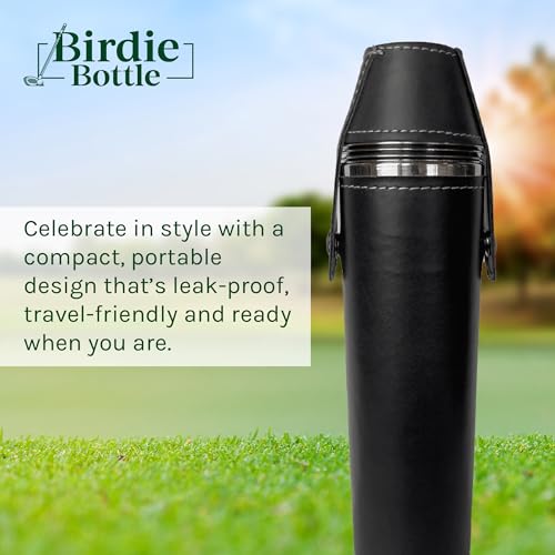 Birdie Bottle 12oz Black Flask with 4 Shot Glasses - Stainless Steel, Waterproof Leather Case, Travel