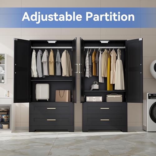 Freestanding Wooden Wardrobe Armoire with Hanging Rod and Drawers - Black