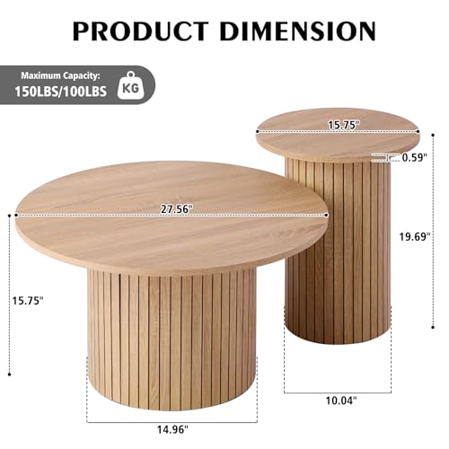 Round Nesting Coffee Table Set of 2, Modern Fluted Wooden Accent Tables