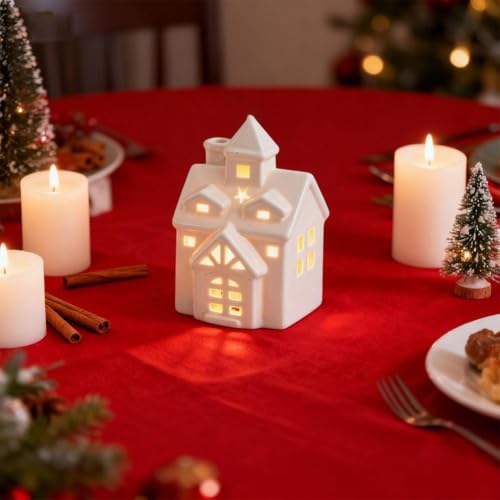 LED Lighted Ceramic White Christmas Village House Tabletop Figurine