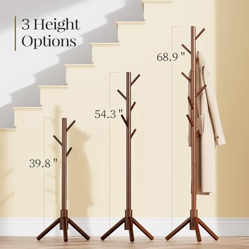 Solid Wood Freestanding Coat Rack with 8 Hooks - 3 Height Options