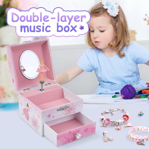 Musical Jewelry Box for Girls with Spinning Ballerina and Storage Drawer