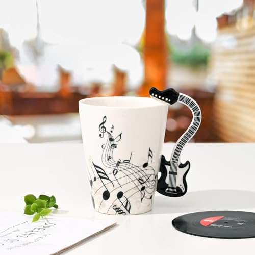Maustic Black Guitar Mug 13 Oz with Vinyl Record Coaster – Music Gift for Guitar Lovers