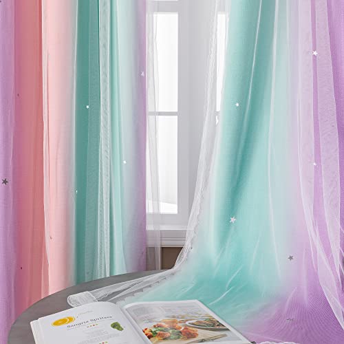XiDi Double-Layer Rainbow Blackout Curtains with Star Cutouts, 63x34