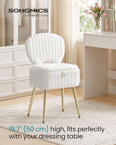 Plush Padded Vanity Chair with Folding Backrest & Hidden Storage - Black