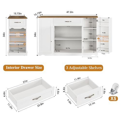 47-Inch Rolling Kitchen Island Cart with Storage Drawers & Shelves - White