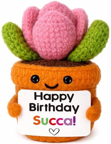 Crochet Succulent Potted Plant with Birthday Message Card