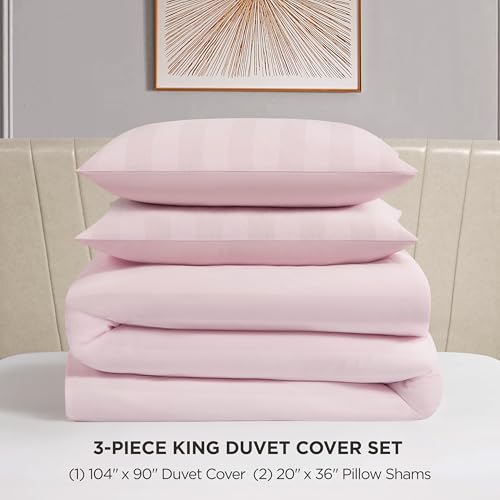King Size Duvet Cover Set - Pink Striped Velour 3 Piece Bedding