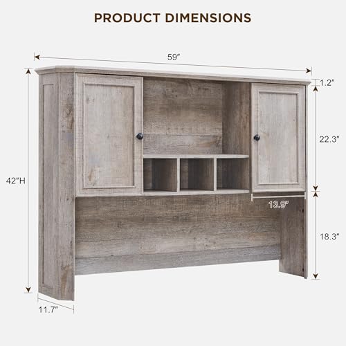 59-Inch Farmhouse Desk Hutch with Adjustable Storage Shelf, Rustic Oak