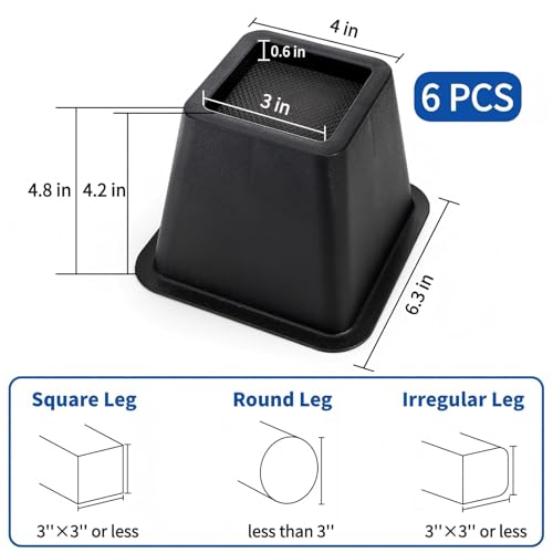 Heavy Duty Bed Risers 4 Inch - 6 Pack Non-Slip Furniture Lifts