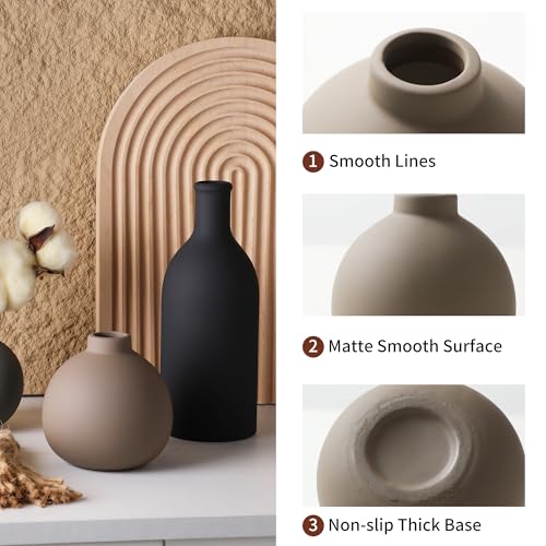 Rustic Ceramic Vase Set of 3 - Farmhouse Pottery Vases for Flowers